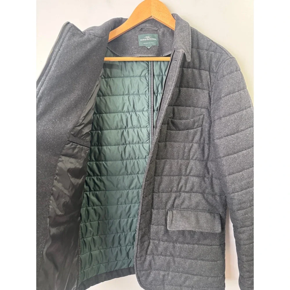Rodd & Gunn Men Gray Quilted Wool Blend Field Jacket Leather Trim Medium
